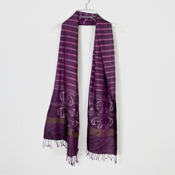 Island Mountain Thai Silk Purple Striped Elephant Print Fringe Scarf - Picture 2 of 5